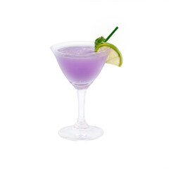 Refreshing purple cocktail with lime garnish served in a clear glass at a summer gathering