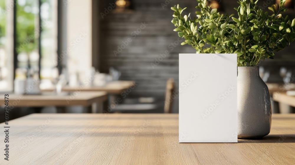 Poster a serene dining setting featuring a vase with greenery and a blank menu card on a wooden table, crea