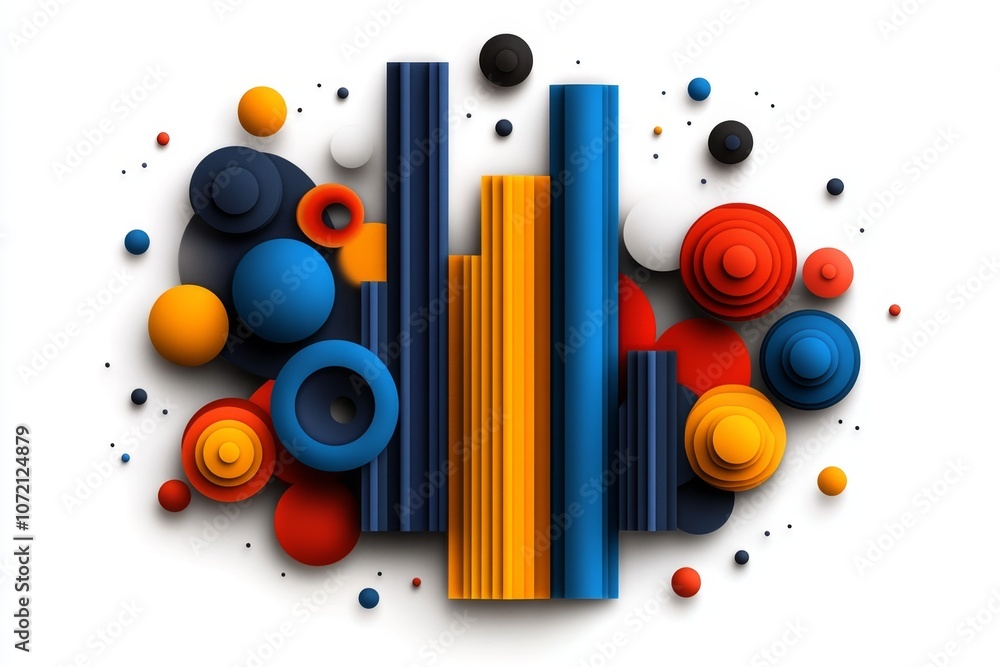 Poster a flat, colorful illustration of a bar graph and pie chart with playful lines, on a clean white back