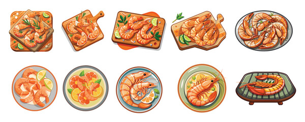 illustration of shrimp fillets on a cutting board, shrimp of a pan vector art