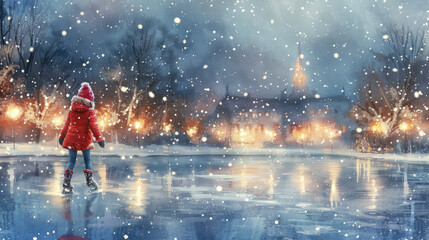 Fototapeta premium little girl skating on ice rink in winter, child doing sports, christmas, new year, xmas, snow, skates