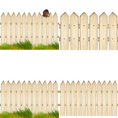 Fototapeta premium a set of wooden fences and fences made of light brown wood, highlighted on a white background