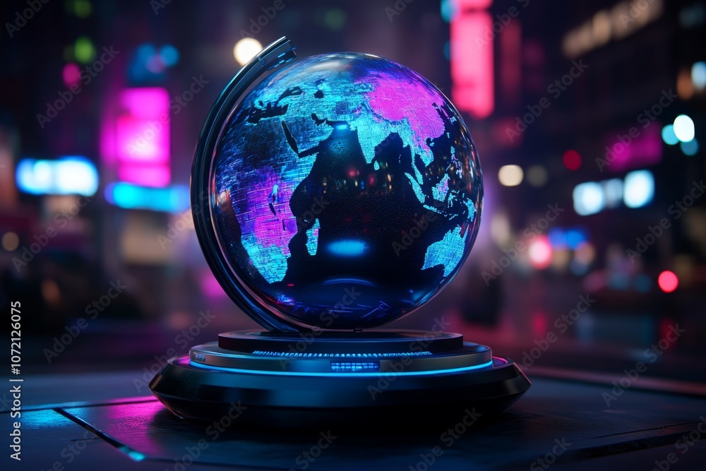 Poster a high-tech cyberpunk globe with holographic projections of continents and vibrant colors, set in a 