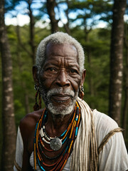 Fototapeta premium A Hyperrealistic Portrait of an Elderly Aboriginal Man Amidst Impressionist Landscapes
