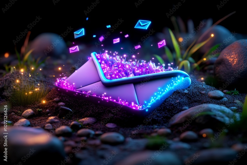 Poster A magical email inbox with letters floating in the air, each glowing with soft, enchanted light