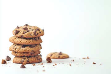 Chocolate chip cookies arranged in a neat stack, crumbs scattered around