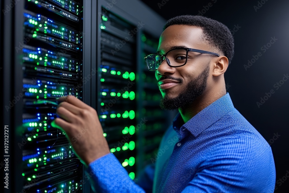 Poster a network technician checking connections in a data center, surrounded by high-tech servers