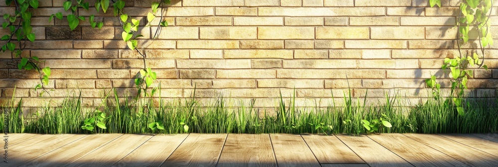 Poster A serene wooden floor against a brick wall with green vines and grass.