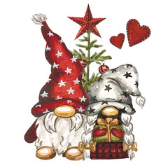 Vector freehand stylized watercolor illustration of cute scandinavian Christmas gnomes. Hygge xmas watercolor hand drawn.