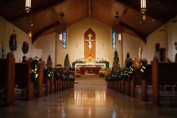Family Christmas Mass service: families gathered, warm lighting from candles, festive decor, calm and reverent, welcoming church setting