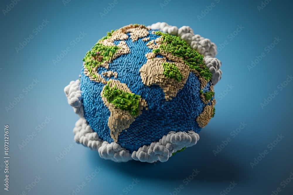 Poster a pixel art globe with tiny, colorful continents and oceans, resembling a retro video game map