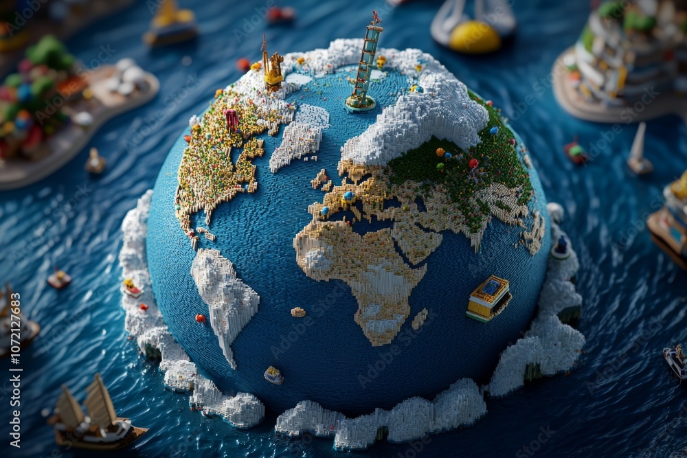 Poster A pixel art globe with tiny, colorful continents and oceans, resembling a retro video game map