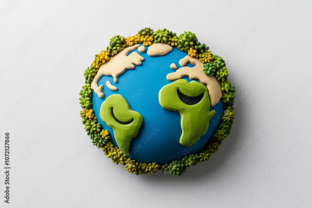 Poster a playful 2d illustration of a globe on a white background, with colorful continents and a smiling f
