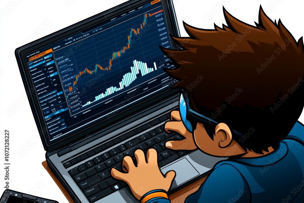 Poster a simple 2d drawing of a data analyst at a desk, looking at a laptop with charts on a white backgrou