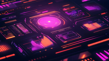 Obraz premium Futuristic user interface with glowing lines and circular display.