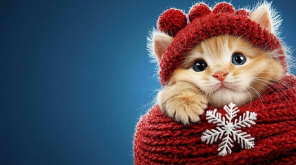 Obraz premium Adorable Kitten Snuggles in Cozy Red Knit Hat for a Winter Wonderland Vibe