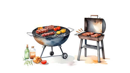 バーベキューの水彩画風イラスト
