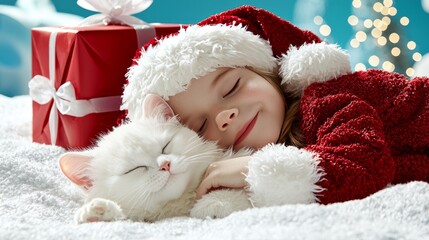 Joyfully Embracing the Holiday Spirit A Girl Sleeps Peacefully with Her Cat Amidst Christmas Cheer