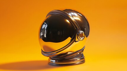 A silver helmet with a gold rim sits on a yellow surface