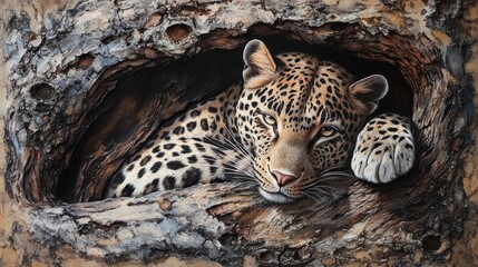 Leopard Resting in Tree Hollow