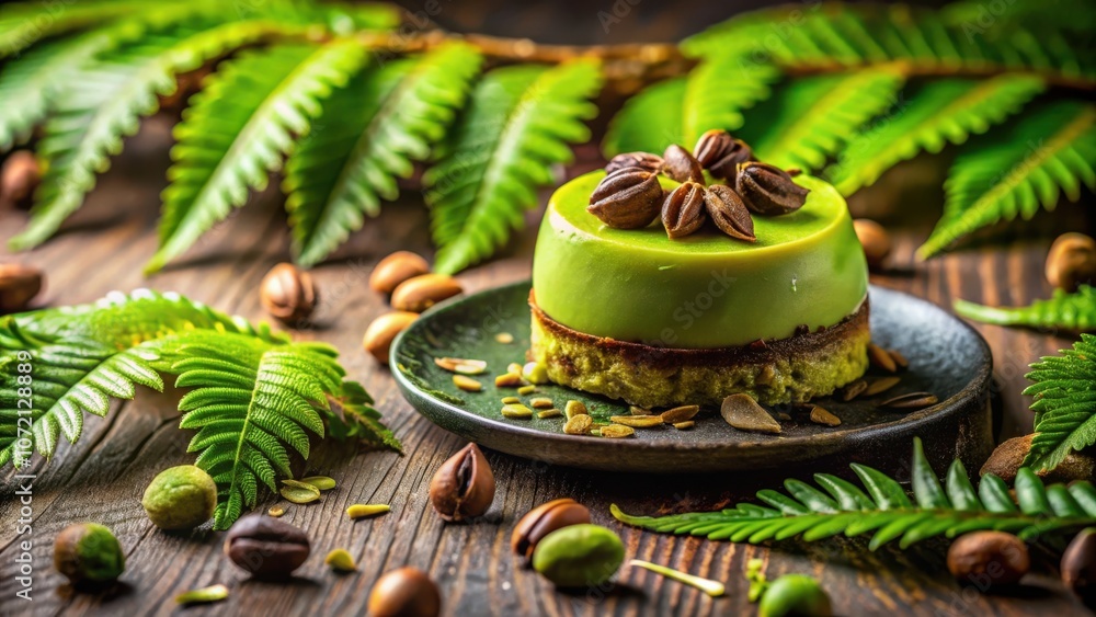 Poster a single green mousse dessert with a delicate garnish of toasted nuts, nestled on a rustic wooden ta