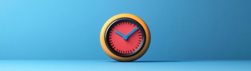 A colorful clock with a red face and blue hands, set against a vibrant blue background, symbolizes time and punctuality.