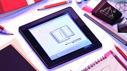 Top view of a tablet with a digital drawing app open, surrounded by stationery.