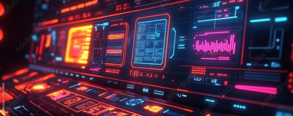 Poster a futuristic control panel glowing with vibrant neon colors, displaying various data and visual elem