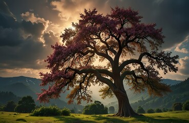 Fototapeta premium Big tall beautiful pink blooming tree with strong branches and leaves in the park. Clouds, bad weather. Environmental protection. Ecological situation in the world. Earth Day. Peaceful view. 