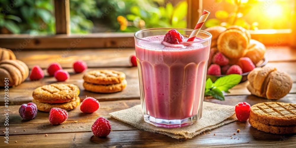 Poster a refreshing raspberry smoothie with a straw, served with cookies and raspberries on a rustic wooden