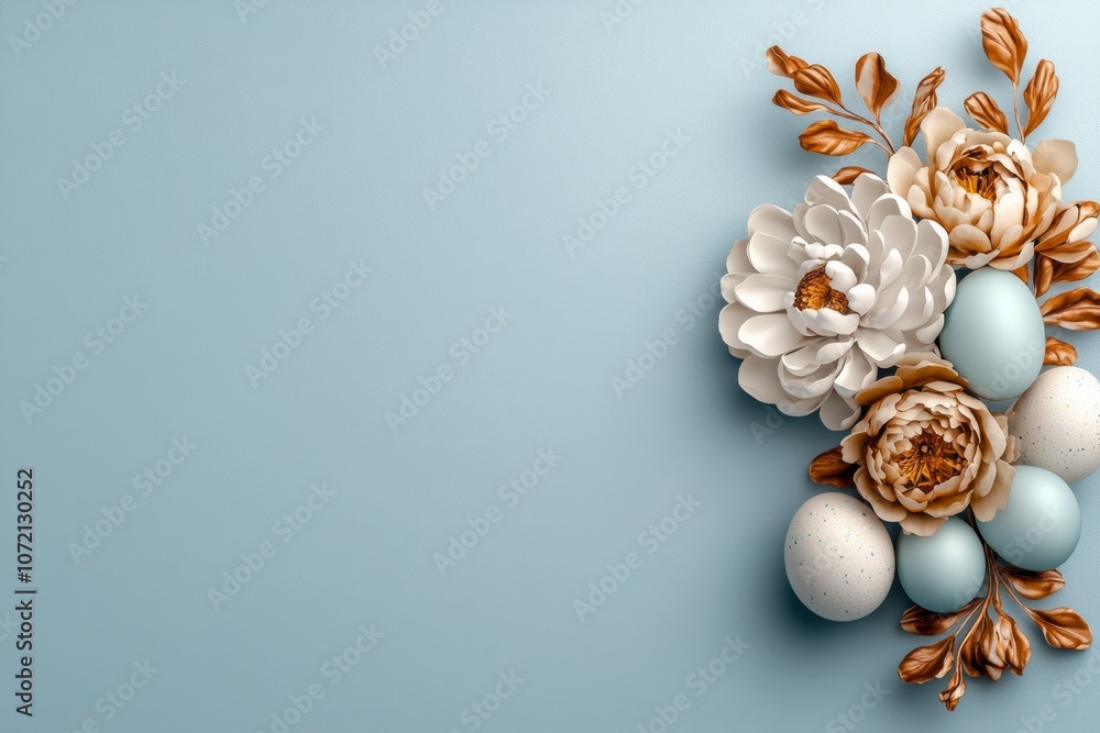 Poster clean, simple design of a flower and egg arrangement, with soft pastel colors on a plain background