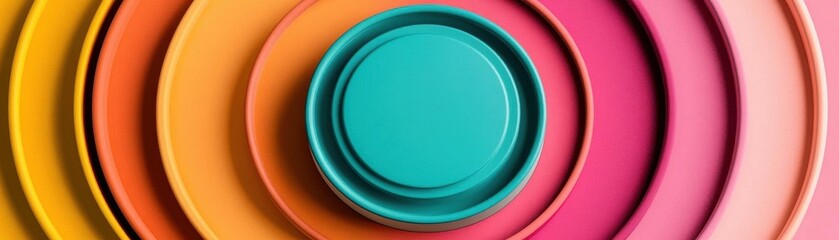A vibrant arrangement of circular plates in various colors, showcasing a harmonious blend of orange, pink, and teal shades.