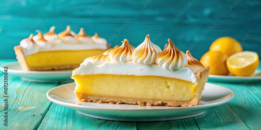 Poster a slice of lemon meringue pie with a flaky crust and fluffy meringue topping sits on a white plate o
