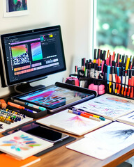 A desk with a computer, tablet, and art supplies.