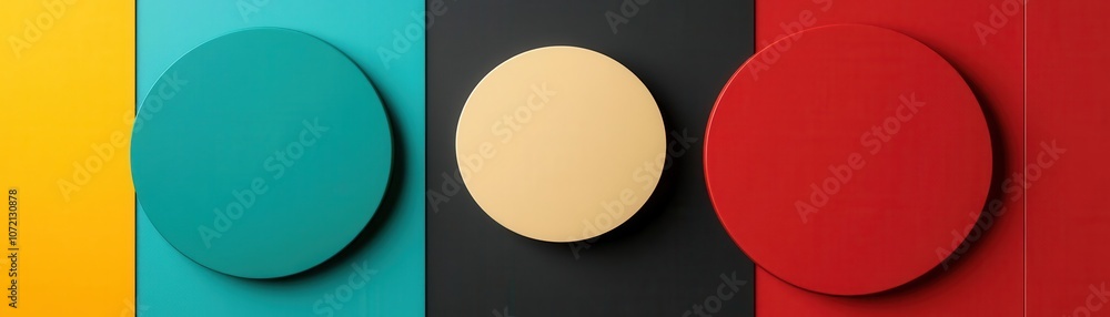 Poster a minimalist design featuring three circular shapes in varying colors against a backdrop of vertical