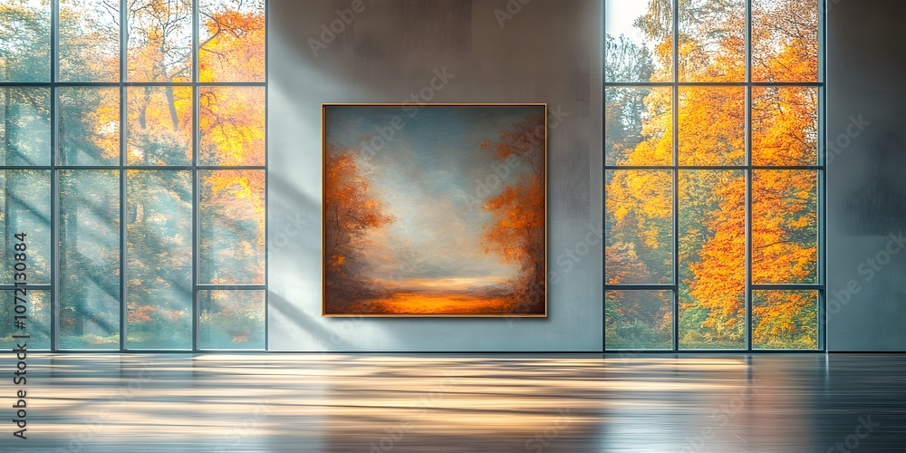 Poster a serene gallery with a landscape painting and autumn trees visible through large windows.