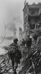 American soldiers walking through the ruins of a European city during World War II