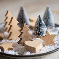 minimalist Christmas decorations with snow made of wood