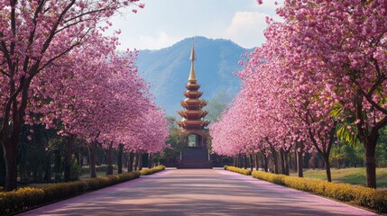 Cherry Blossoms and Golden Pagoda