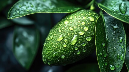 A close-up of a green lime covered in water droplets on a lime tree branch.