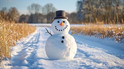 Obraz premium A happy snowman stands in a snowy field with a black top hat and carrot nose, smiling for the camera.