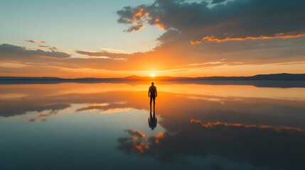 A lone figure stands in a vast, reflective salt flat at sunset, the vibrant sky mirrored in the water.