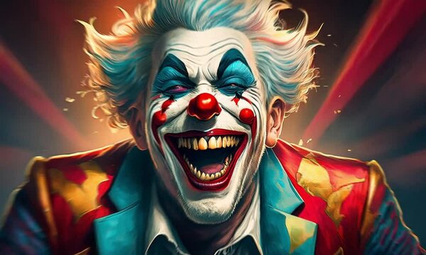 erratic and terrifying joker laughing with smoke and dark background