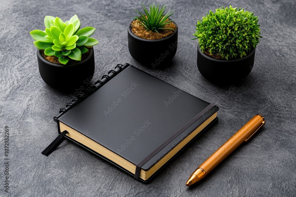 Poster flat lay of design tools in a minimalist style, including a stylus, notebook, and small plants