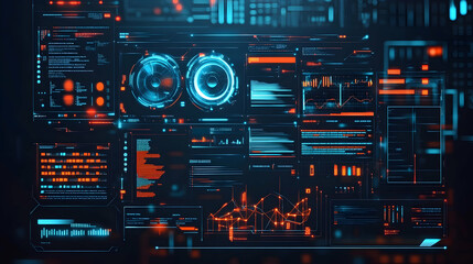 Fototapeta premium Abstract digital interface with glowing blue and orange lines and data on dark background.