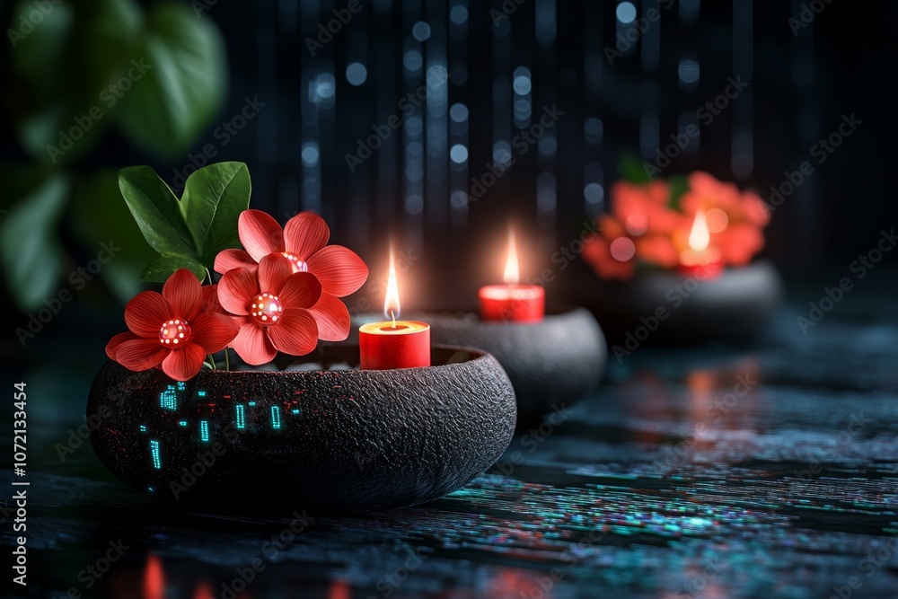 Poster high-tech floating krathong with led candles and digital flowers, set against a dark, digital backdr