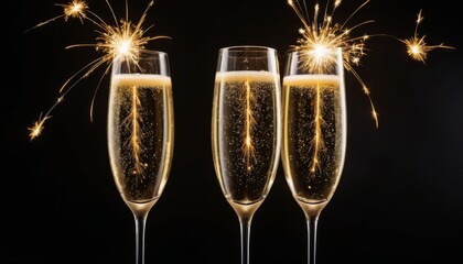 Three champagne glasses with sparklers illuminating the night for a vibrant New Year's celebration against a black background