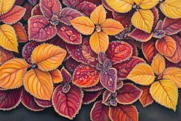 Fototapeta premium A vibrant arrangement of colorful leaves with droplets, showcasing nature's beauty.
