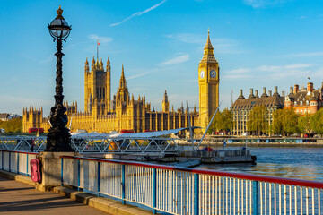 Houses of Parliament and Big Ben seen from Queen's Walk, London, UK