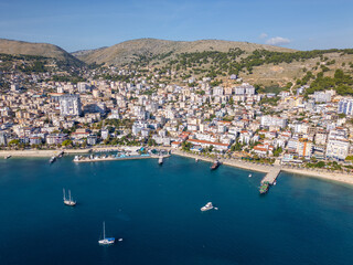 Aerial drone photo of the coastal city of Sarandë in Albania.